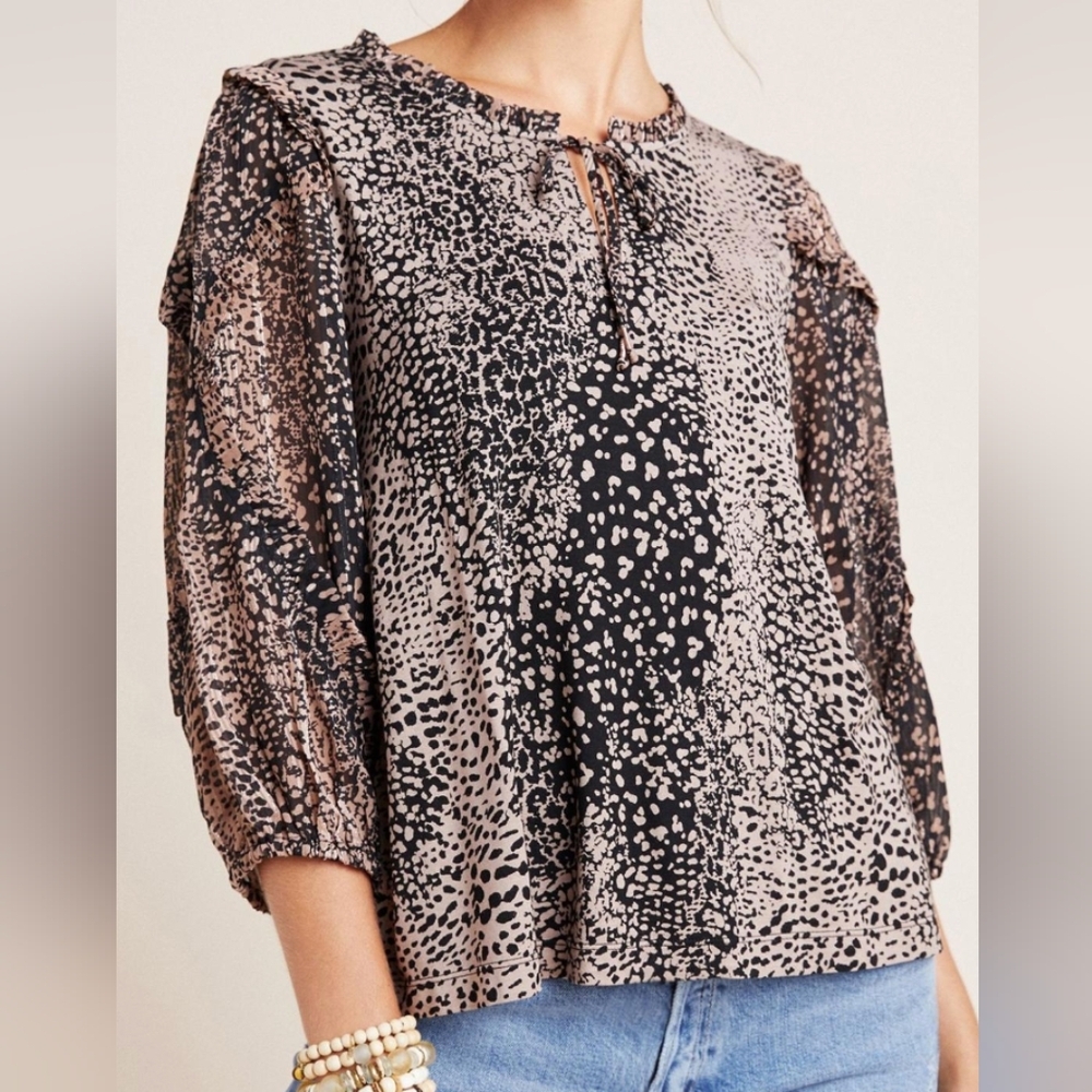 Anthropologie Jacquin Peasant‎ Blouse in Leopard Print Women's XS Sheer Ruffle